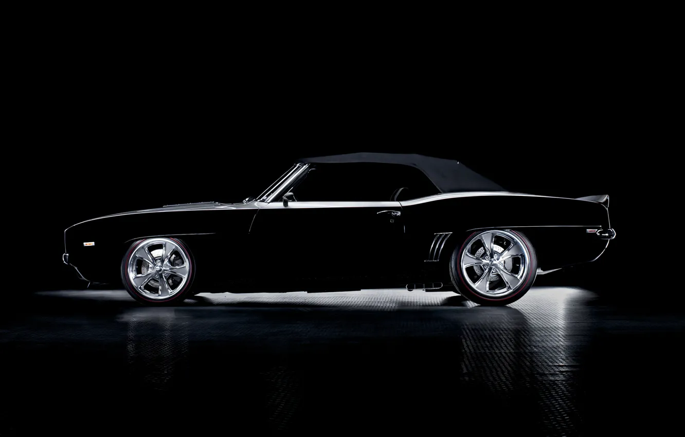 Фото обои чёрный, Chevrolet, Camaro, кабриолет, шевроле, мускул кар, black, muscle car, камаро, Convertible, конвёртибл, profile