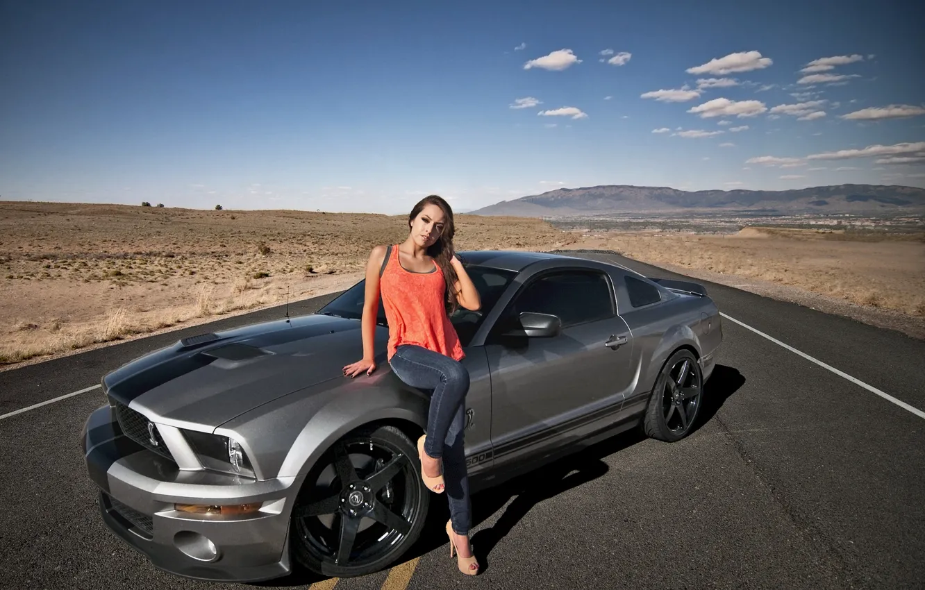 Фото обои дорога, девушка, пустыня, Shelby, GT500, Ford Mustang