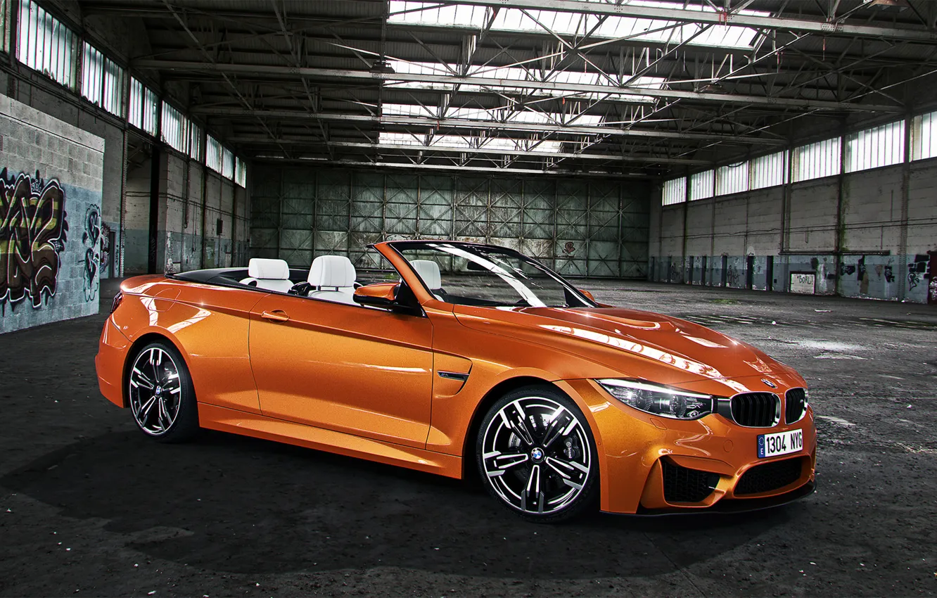 Фото обои BMW, Orange, Car, Front, Graffiti, Cabrio, Hangar