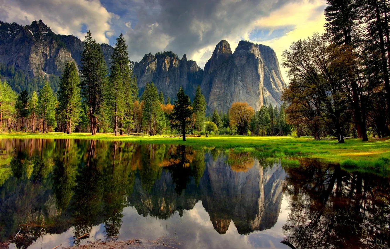 Фото обои вода, деревья, горы, природа, озеро, отражение, Калифорния, USA, США, Йосемити, Yosemite National Park