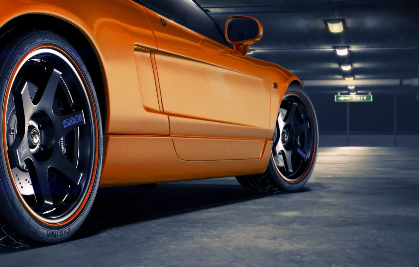 Фото обои колесо, парковка, диск, Honda, rear, orange, NSX, Yokohama, Volk