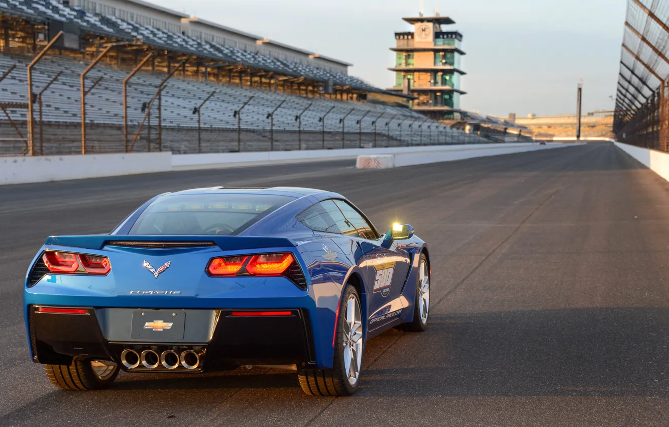 Фото обои синий, Corvette, Chevrolet, шевроле, задок, Stingray, Pace Car, Indy 500, автомобиль безопасности
