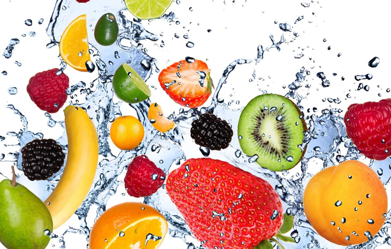 Фото обои вода, капли, брызги, свежесть, малина, лимон, киви, клубника, лайм, lemon, фрукты, банан, абрикос, fresh, мята, …
