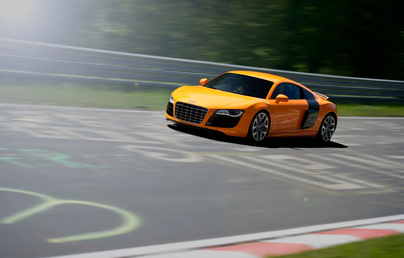 Фото обои Audi, Оранжевая, Скорость, Orange, Speed, Суперкар, Трек, Supercar