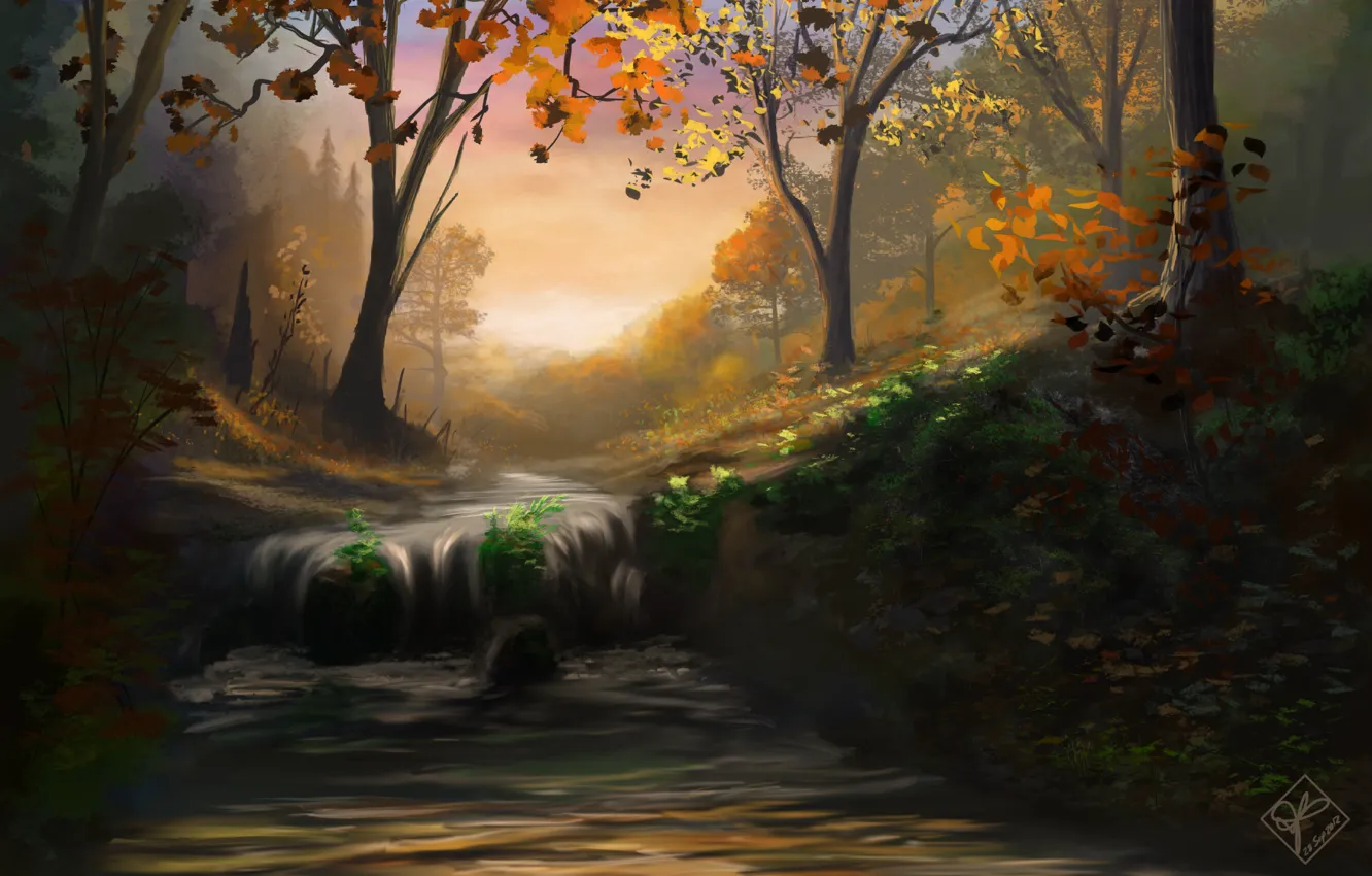 Фото обои осень, лес, листья, деревья, природа, река, водопад, поток, арт