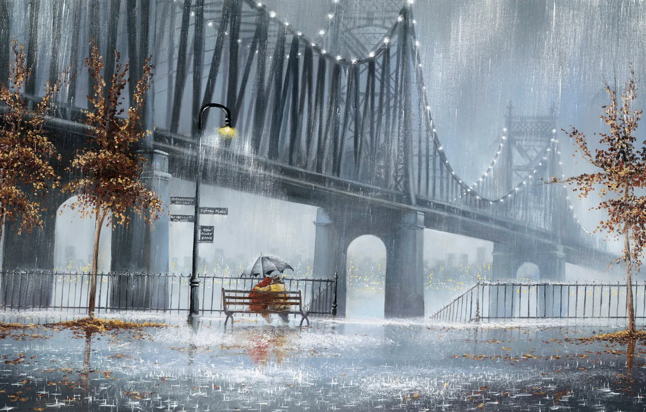 Фото обои деревья, дождь, улица, зонт, фонари, пара, двое, скамья, Jeff Rowland