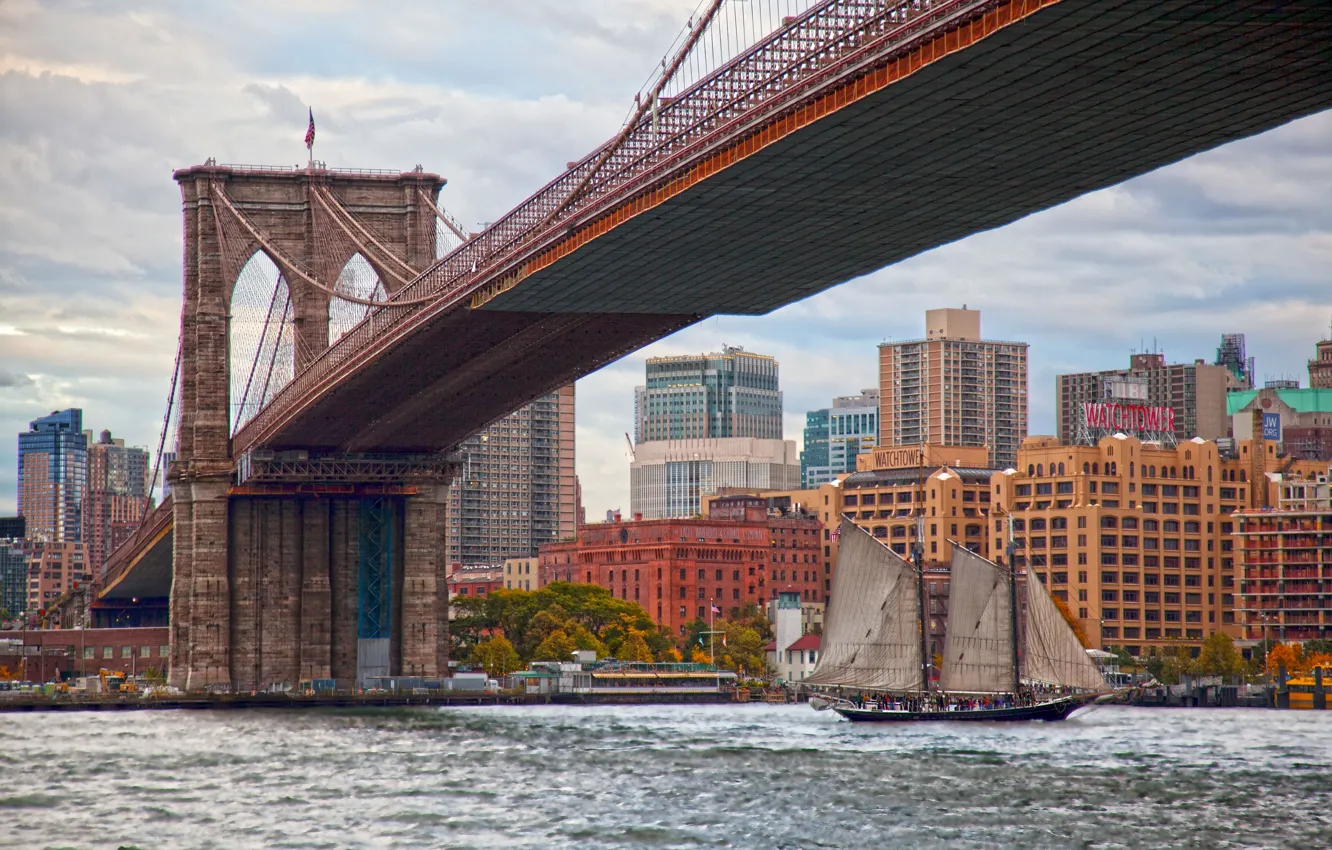 Фото обои мост, пролив, здания, парусник, Нью-Йорк, Бруклинский мост, Манхэ...