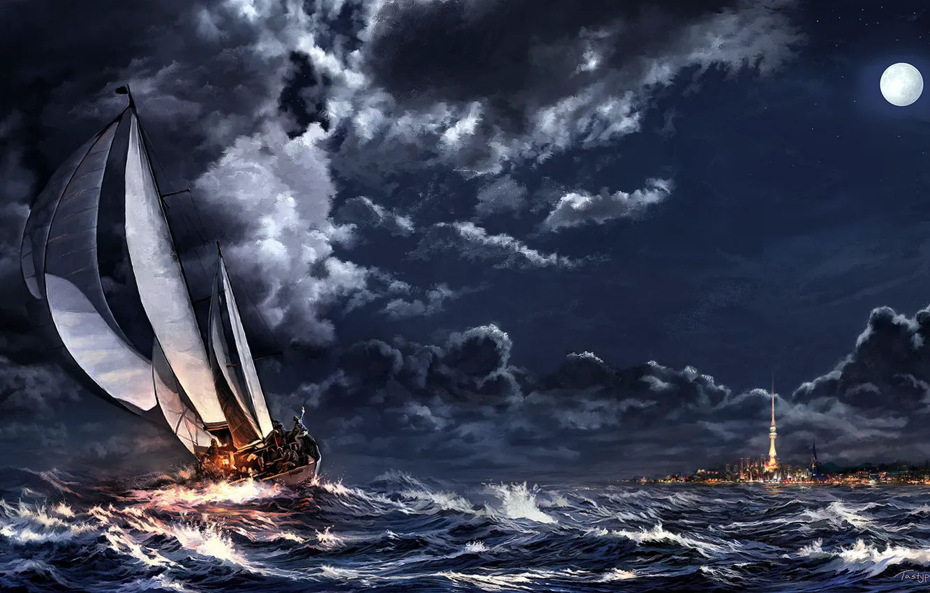 Фото обои море, облака, ночь, тучи, шторм, город, луна, корабль, парусник, арт, шпиль