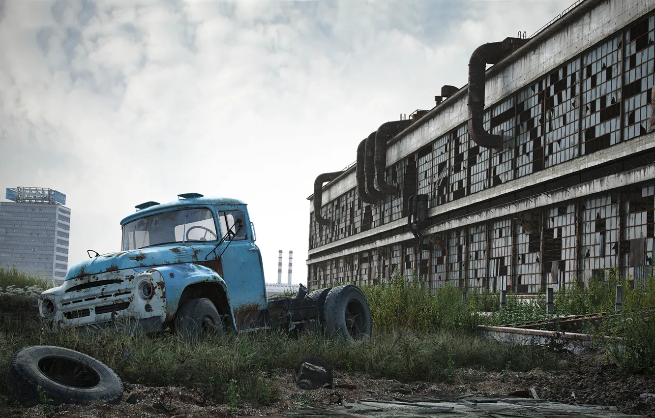 Фото обои машина, здание, грузовик, Зил, Завод имени Лихачёва