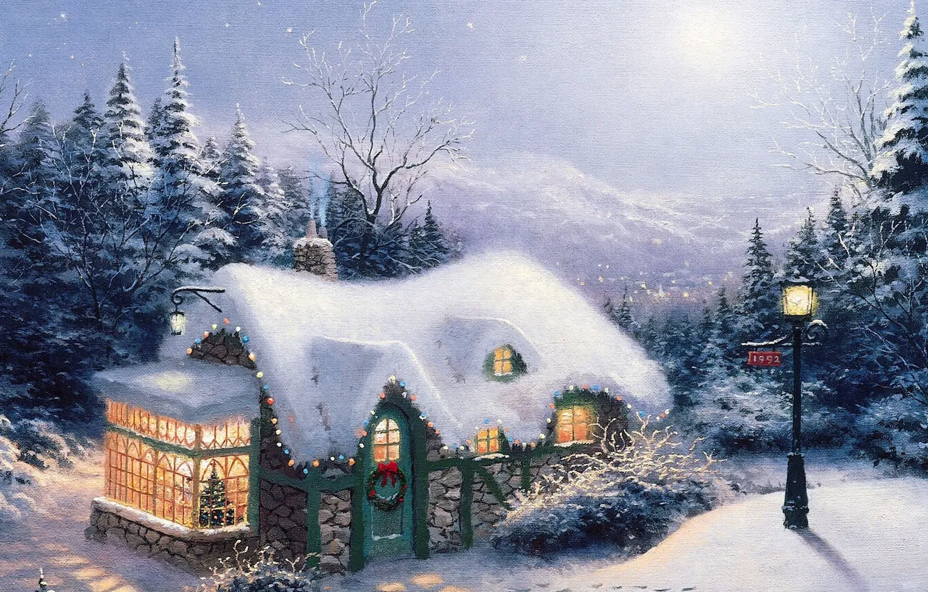 Фото обои лес, снег, огни, елки, картина, Рождество, фонарь, Новый год, домик, ёлка, живопись, Christmas, Пейзажи, сказочный, …
