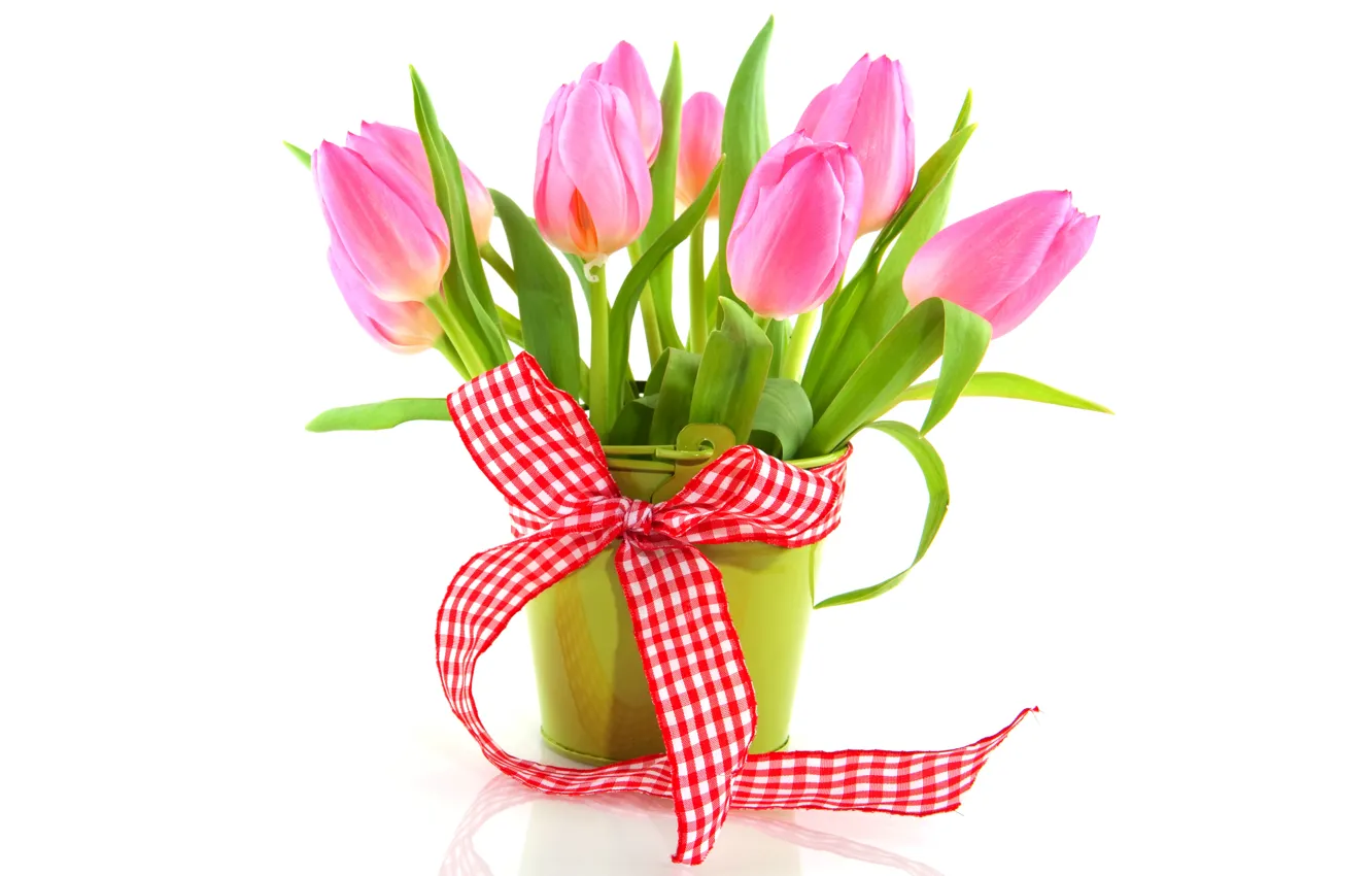 Фото обои цветы, букет, лента, тюльпаны, ваза, fresh, pink, flowers, tulips