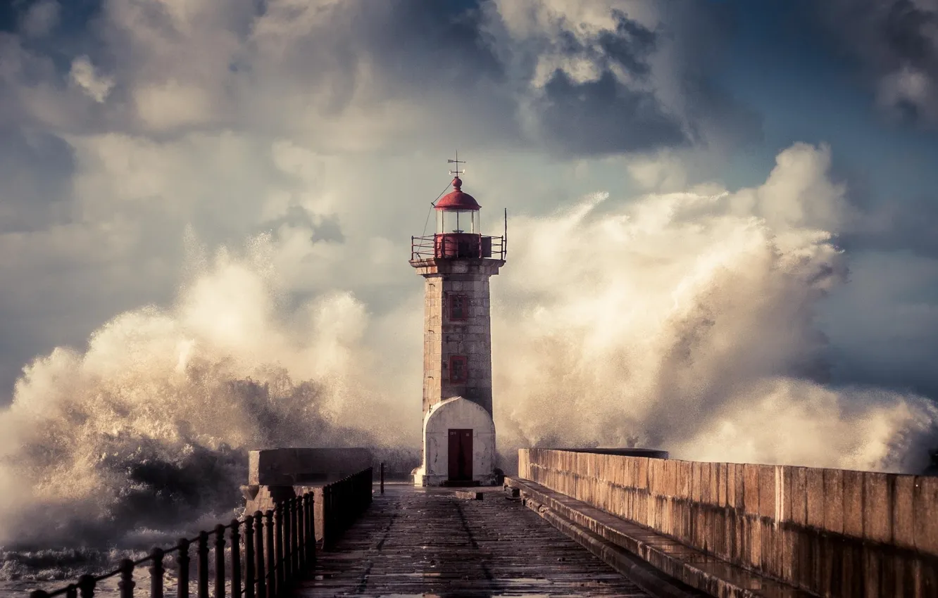 Фото обои волны, брызги, шторм, маяк