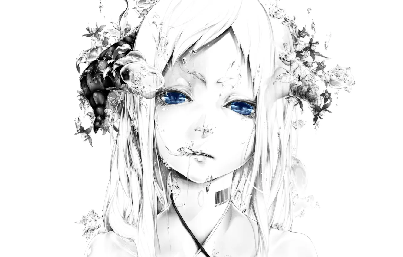 Фото обои вода, девушка, пузырьки, лицо, рисунок, штрих-код, арт, белый фон, голубые глаза, монохромное, bouno satoshi