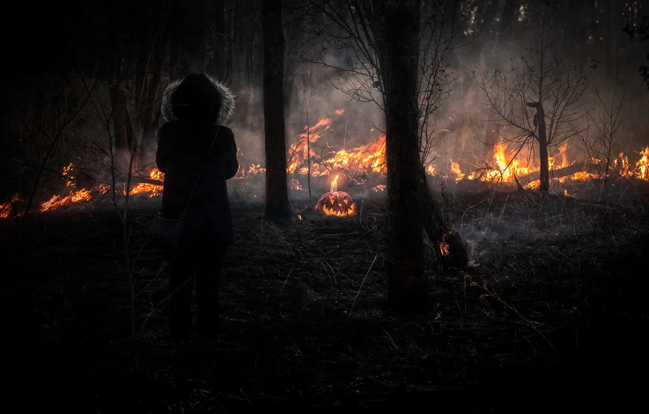 Фото обои лес, взгляд, девушка, природа, костер, тыква, fire, girl, forest, nature, look, pumpkin, hallowen, wildfire, днепропетровск, …