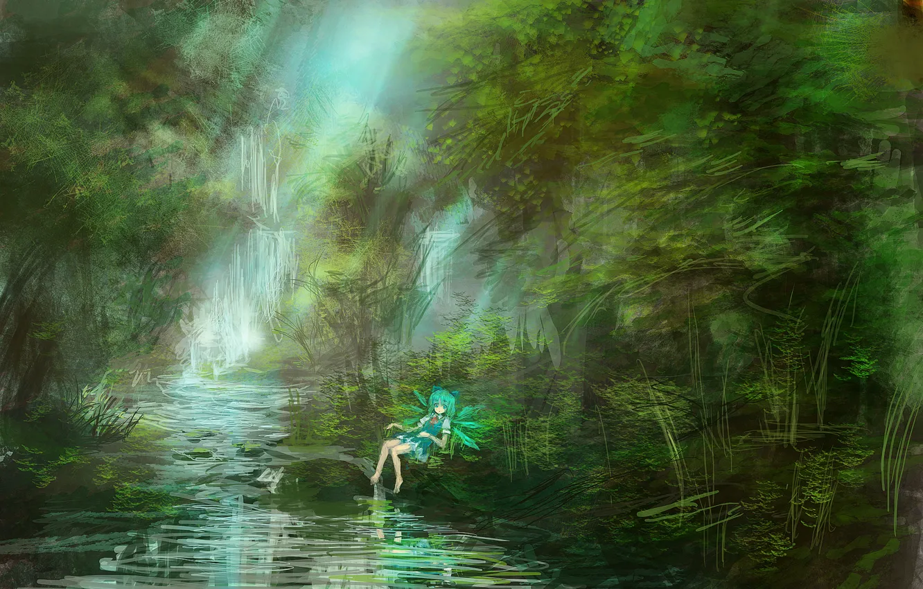 Фото обои лес, девушка, природа, река, водопад, крылья, аниме, арт, Touhou, lm7, Cirno