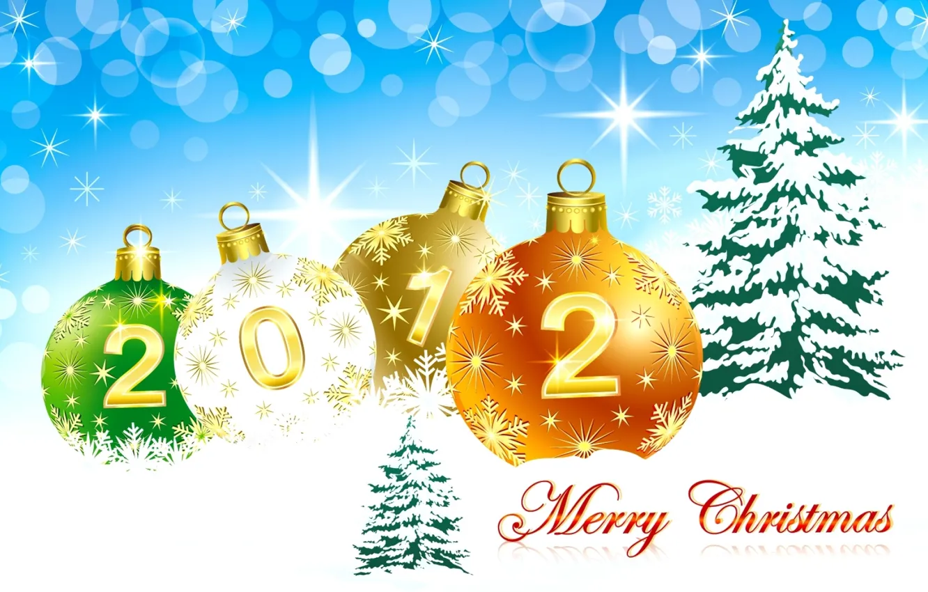 Фото обои небо, снег, праздник, шары, елки, елка, новый год, 2012, happy new year, merry christmas, новогодние …